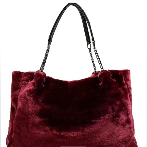 NWOT Chic Faux Rabbit Fur Large Shoulder Bag Purse Color Burgundy/ Red Wine - Picture 2 of 7